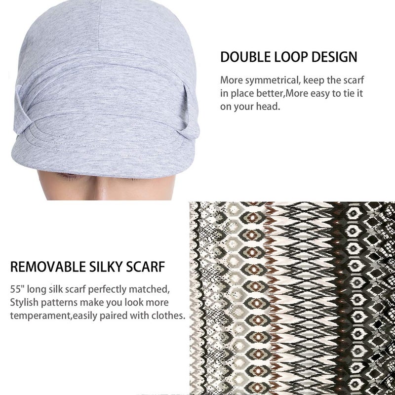 JarseHera Chemo Hats for Women Bamboo Cotton Lined Newsboy Caps with Scarf Double Loop Headwear for Cancer Hair Loss Light Gray - Image 3